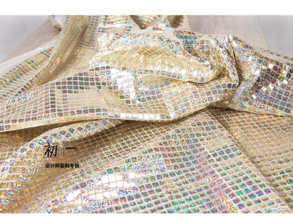 Gold Geometric Sequined Mesh Fabric, Wedding Designer Fabric, 37.5" Wide