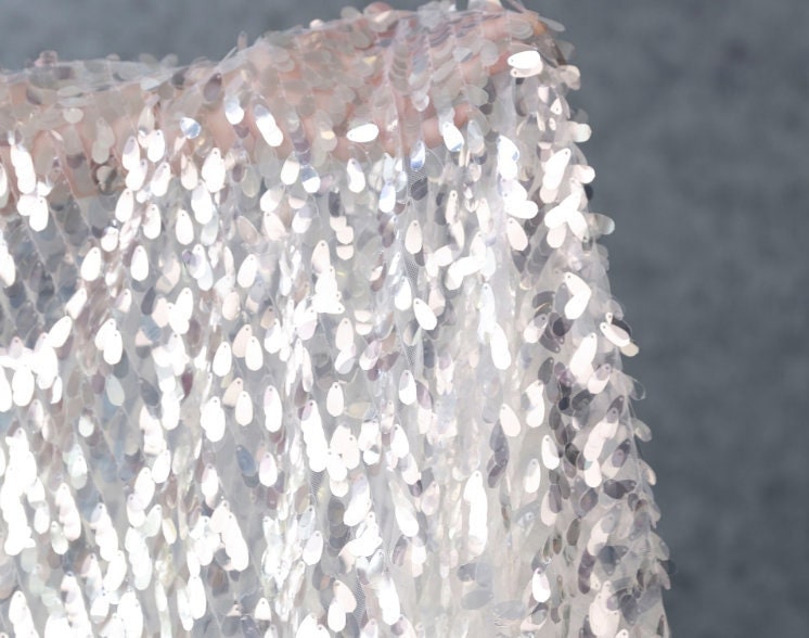 Silver Sequin Mesh Fabric, Hand Embroidered Water Drop Design, 59" Wide