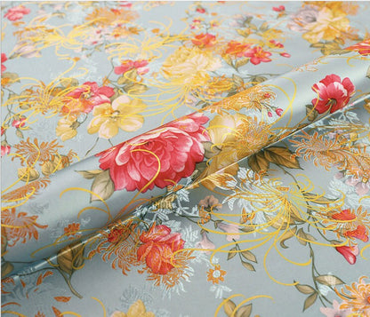 Chrysanthemum Silk Brocade Fabric: 59"W Floral Damask, Quilting & Upholstery