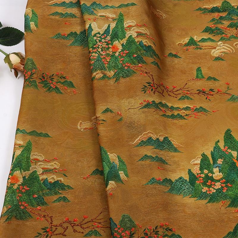 Golden Yellow Blossom Branch Lightweight Brocade Jacquard Fabric ��� Shiny Floral Material for Cheongsam & D