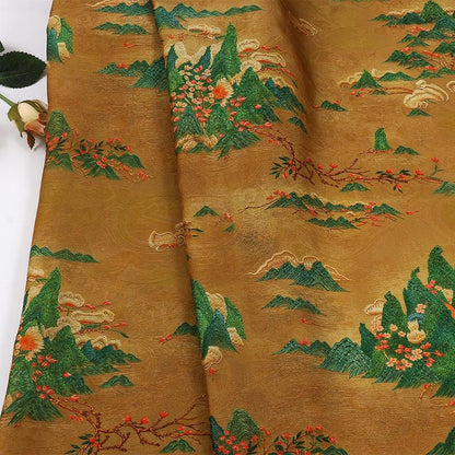 Golden Yellow Blossom Branch Lightweight Brocade Jacquard Fabric ��� Shiny Floral Material for Cheongsam & D