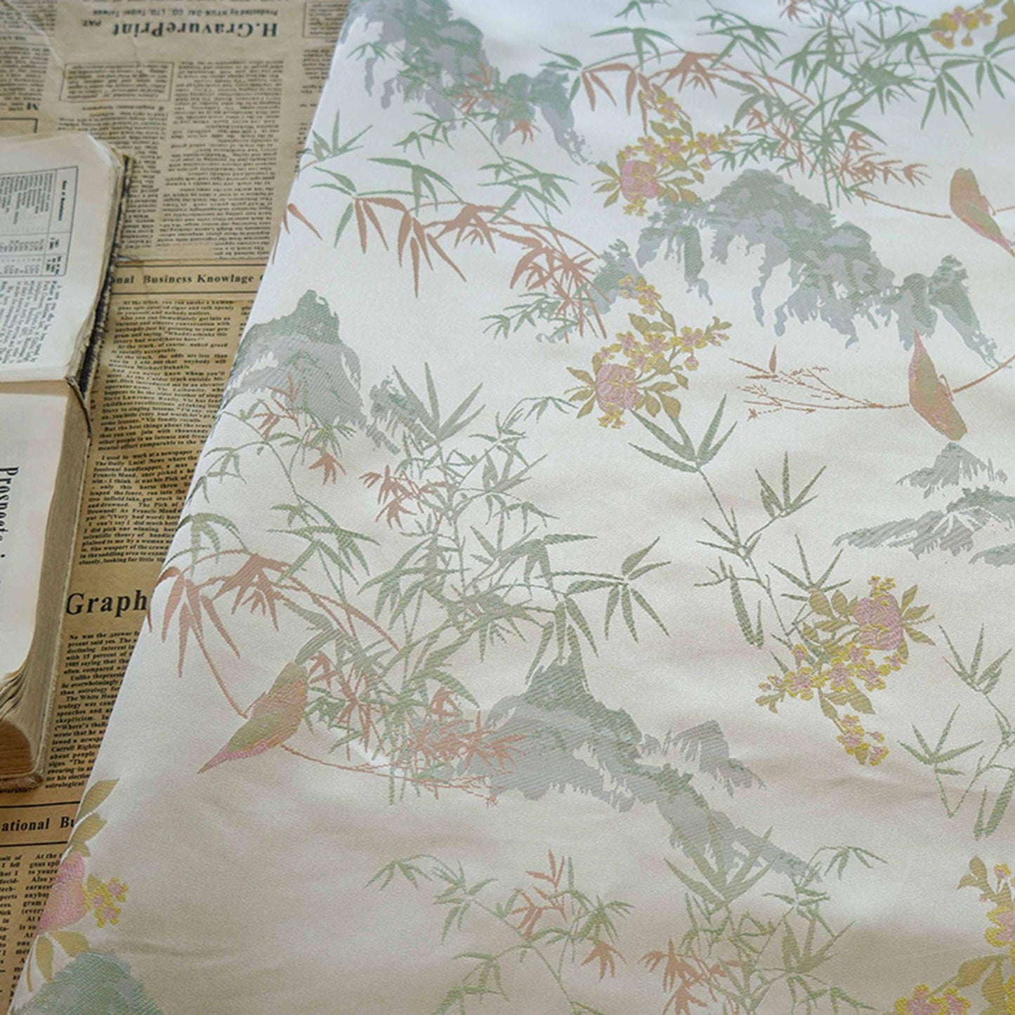Bamboo Leaf Brocade Fabric: Japanese Bird & Butterfly Silk, 59"W