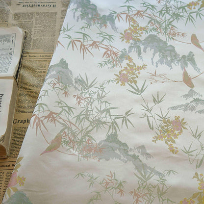 Bamboo Leaf Brocade Fabric: Japanese Bird & Butterfly Silk, 59"W