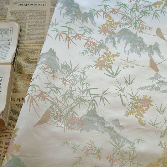 Bamboo Leaf Brocade Fabric: Japanese Bird & Butterfly Silk, 59"W