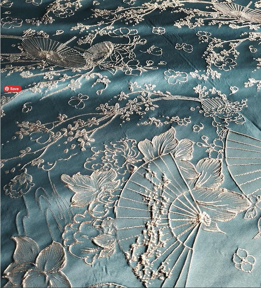 Tissu jacquard gaufré à motif éventail de lotus avec fil doré, 147 cm de large