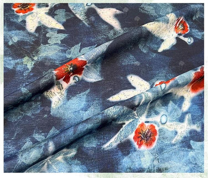 Indigo Butterfly Floral Cotton Fabric ��� Red Accent Pri" Wide