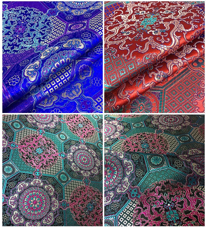 Tissu brodé Thangka : Mélange de soie et rayonne de bon augure, 75 cm de large, vendu au mètre