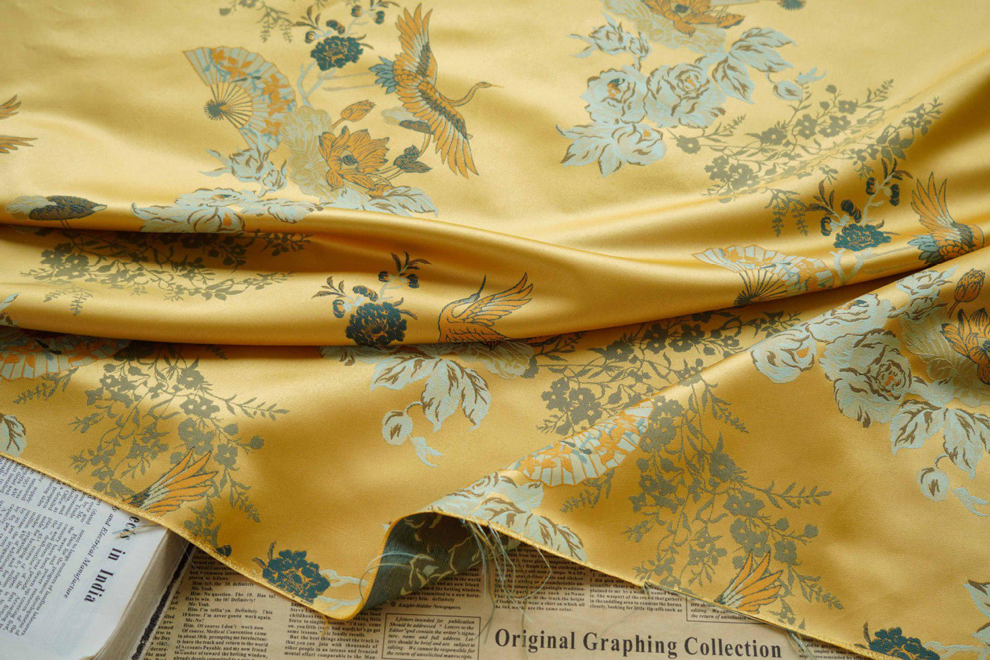 Gold Crane Brocade Fabric: 59"W Rayon Cheongsam Qipao Material