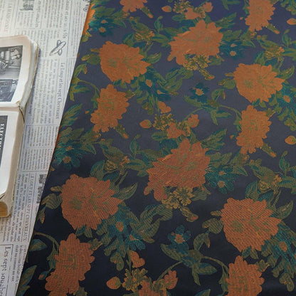 Orange Floral Woven Fabric, Black Polyester Blend, 62" Wide