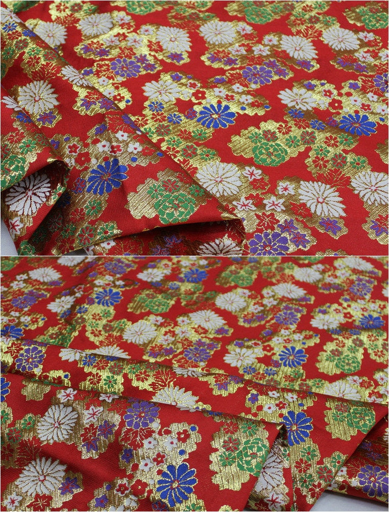 Japanese Floral Brocade Fabric: Gold & Silver Woven Damask (By The Meter)