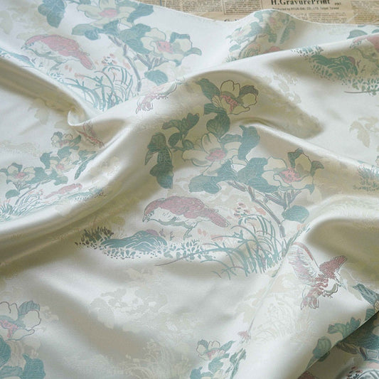 Floral Bird Print Fabric: Gold Thread Woven Polyester, 59" Wide