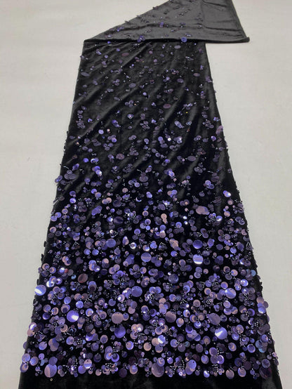 Tissu velours à sequins et perles : broderie dégradée, 124 cm de large