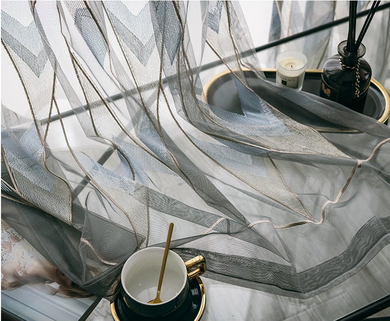 Tissu pour rideaux brodé géométrique : Voile moderne en polyester transparent