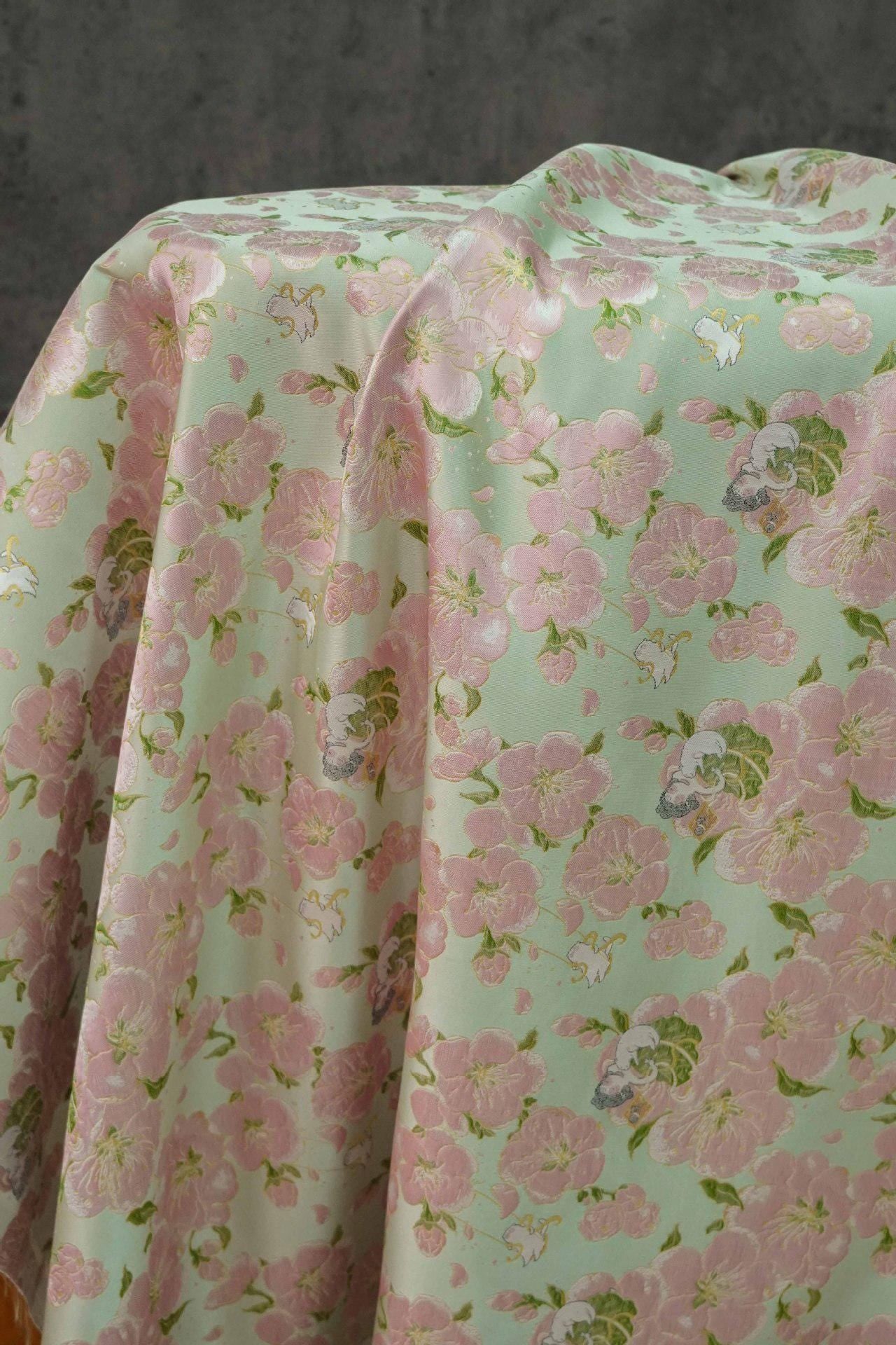Peach Blossom Brocade Fabric: Floral Jacquard, 58"W Chinese Wedding Material