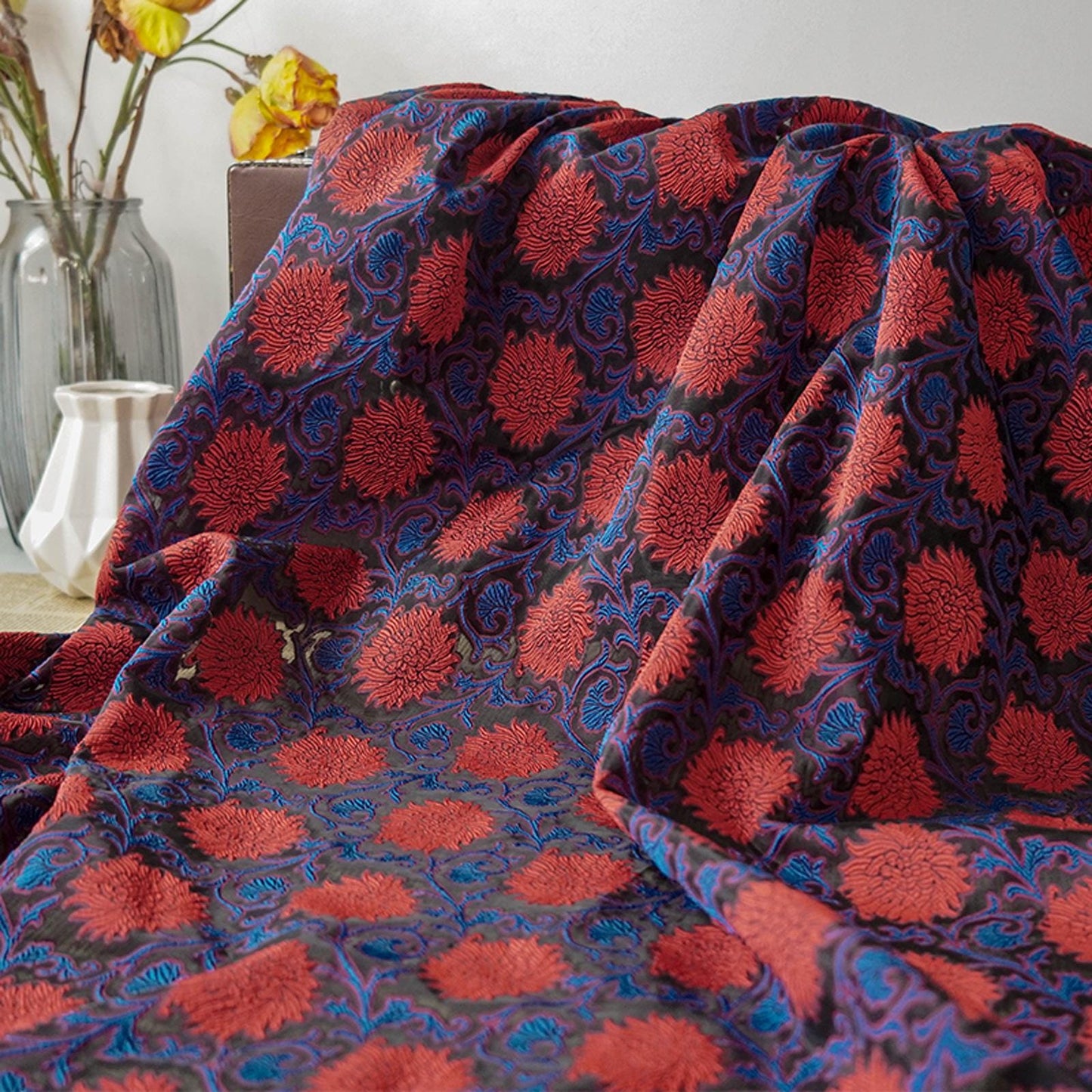 Floral Jacquard Fabric: 3D Oil Painting Texture, Gold Thread (55" W By 1 Meter)