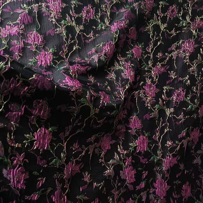 Black Jacquard Fabric: 3D Purple Rose & Gold Foil - 55"W Upholstery