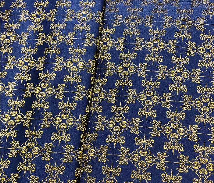 Navy Silk Brocade Fabric: Dragon Cheongsam Jacquard (29.5" W)
