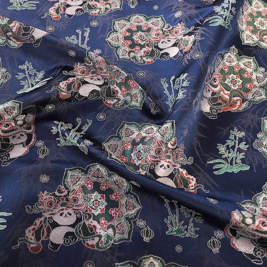 Tissu brocart panda : mélange de soie bleue, tissu pour cheongsam qipao (largeur 58")