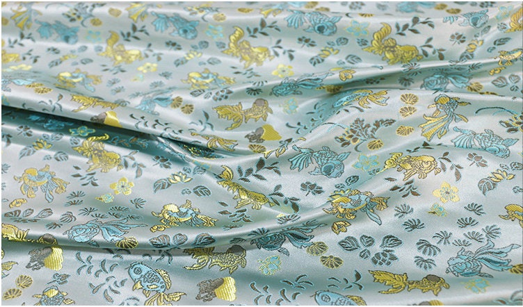 Aqua Blue Goldfish Brocade Fabric: 59"W Rayon Blend