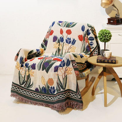 Vintage Floral Sofa Throw Blanket: European-Style Cotton Woven Rug