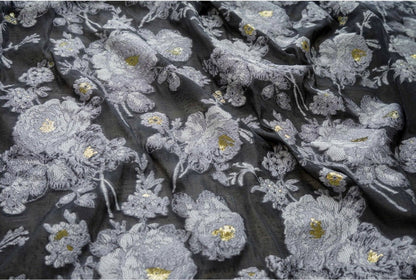 White Flower Jacquard Embroidery Fabric: 3D Effect, 55"W, Costume & Decor