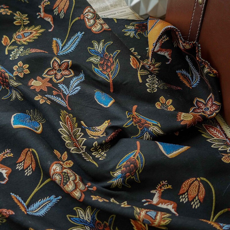 Black Animal Jacquard Fabric: Floral Upholstery, Costume, Decor - 59"W