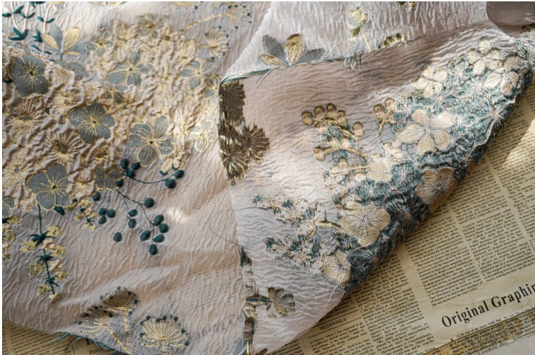 Floral Organza Jacquard Fabric: Gold Thread, 54" Wide, By The Yard