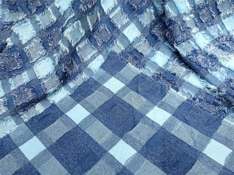 Blue Checkered Jacquard Fabric ��� Textured Fringe DIY Materi"