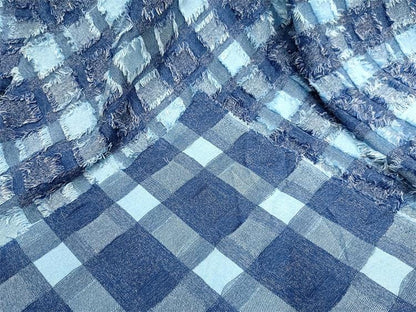 Blue Checkered Jacquard Fabric ��� Textured Fringe DIY Materi"