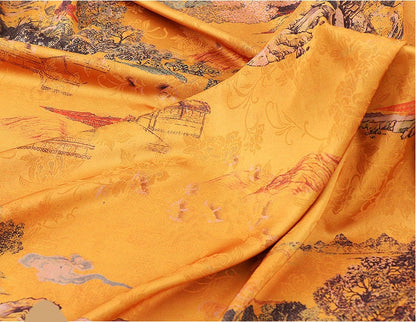 Ancient Chinese Landscape Print Fabric: 59"W Polyester Spandex