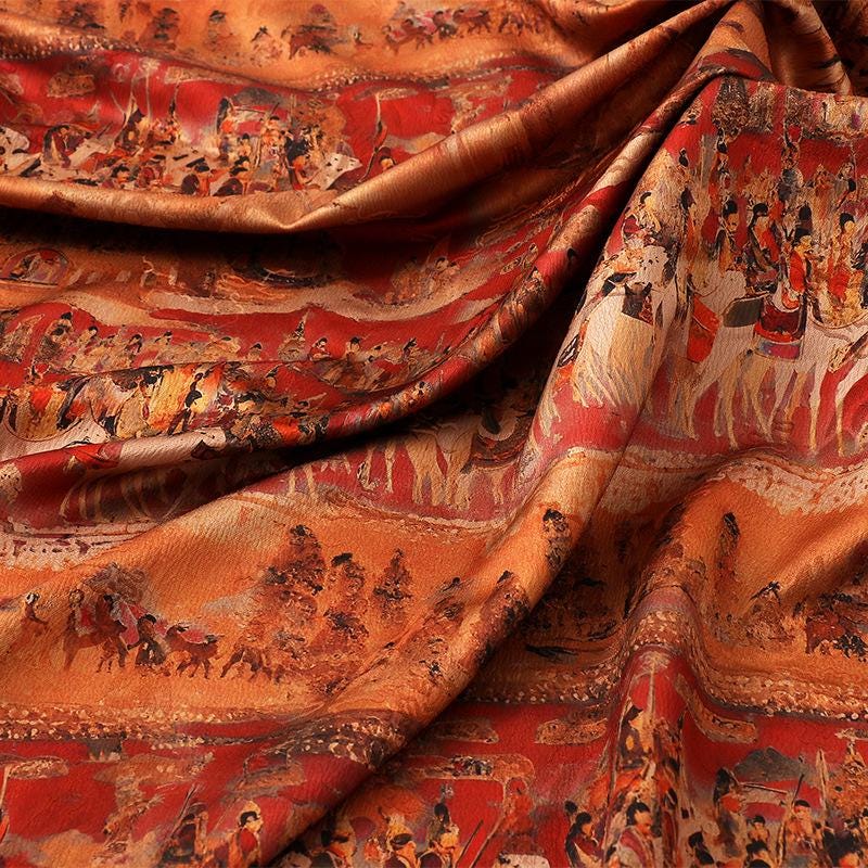 Ancient Chinese Palace Outing Print: 58" Gambiered Canton Gauze Satin Fabric