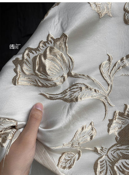 Champagne Magnolia Embroidered Jacquard Fabric: 57"W Floral Upholstery
