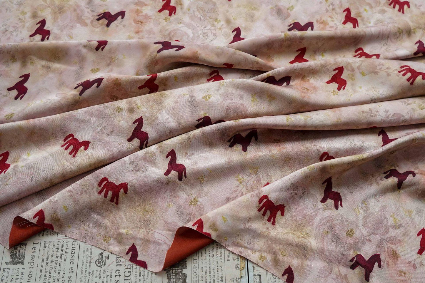 Horse Print Satin Fabric ��� Chinese Style Rose Dec"W