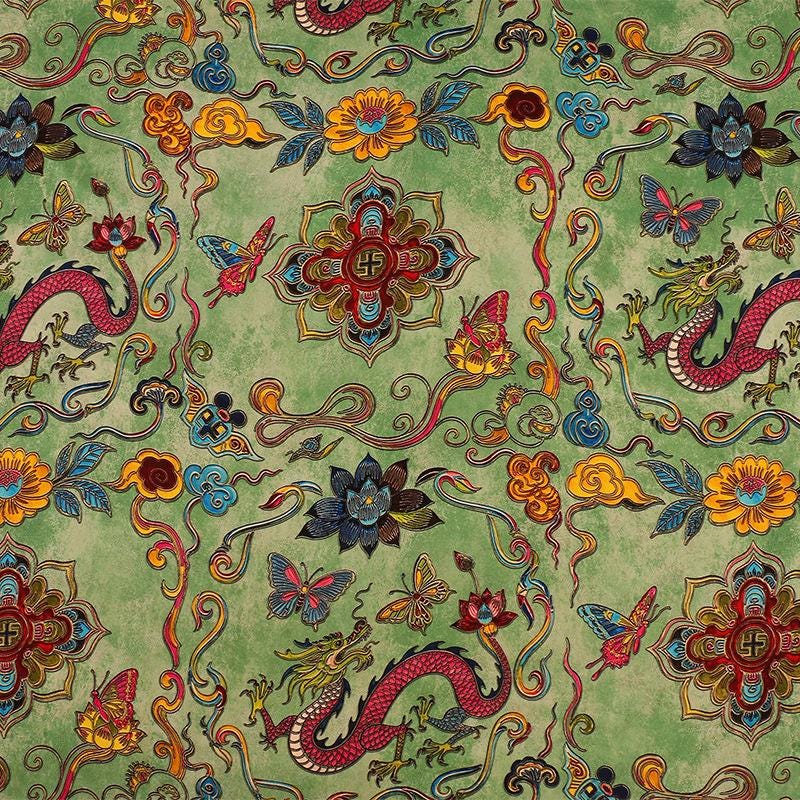 Floral Dragon Print Rayon Fabric - Gambiered Canton Gauze 59"