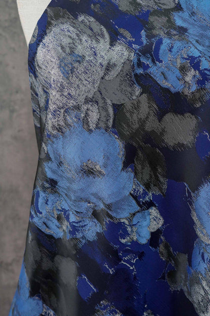 Blue Floral Brocade Fabric: Ink Painting Design, 60" Wide