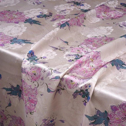 Peony Tea Silk Satin Fabric: Purple Pink Floral Print, 55"W