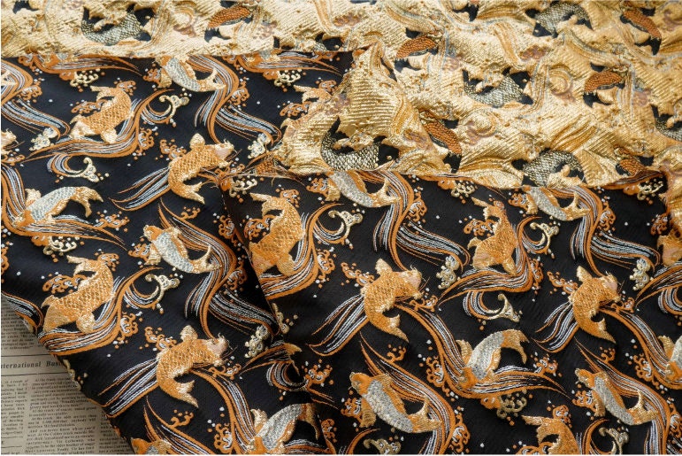 Nishijin Japanese Kinran Fabric: 3D Fish Jacquard Brocade (54" Width)
