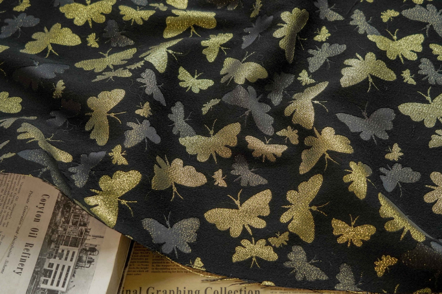 Gold Butterfly Jacquard Fabric: Embossed Woven Upholstery, Costume, Curtain, Bag, Dress (55"W)