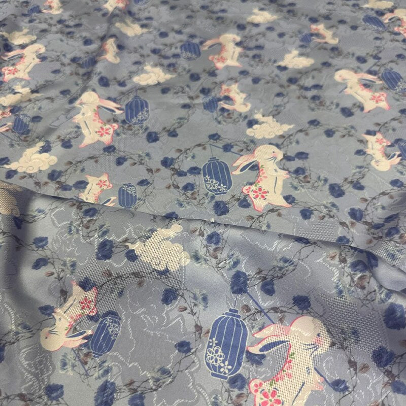 Blue Rabbit Print Tencel Ramie Fabric, Sewing Material, 55 inch