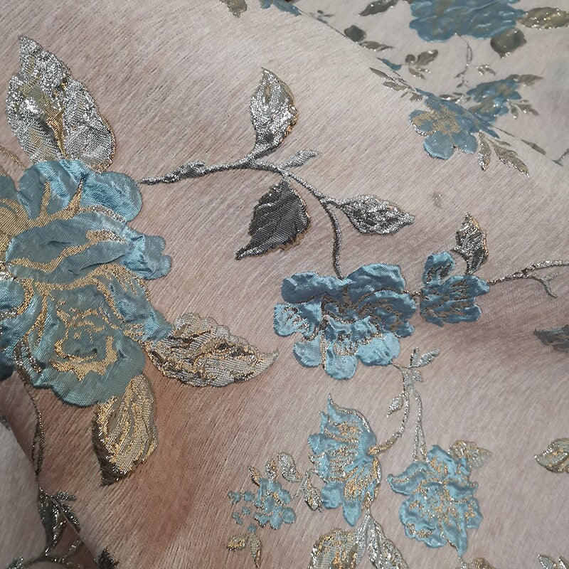 Gold Thread Jacquard Fabric: 3D Flower Design, 56" Wide