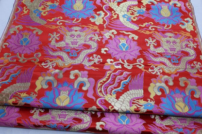 Red Dragon Brocade Fabric: Chinese Mongolian Style Silk Rayon Jacquard
