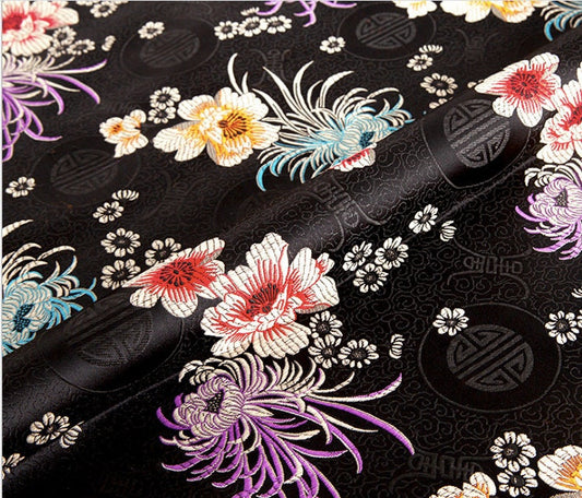 Chrysanthemum Brocade Fabric: Red & Yellow Floral Damask (29.5"W)