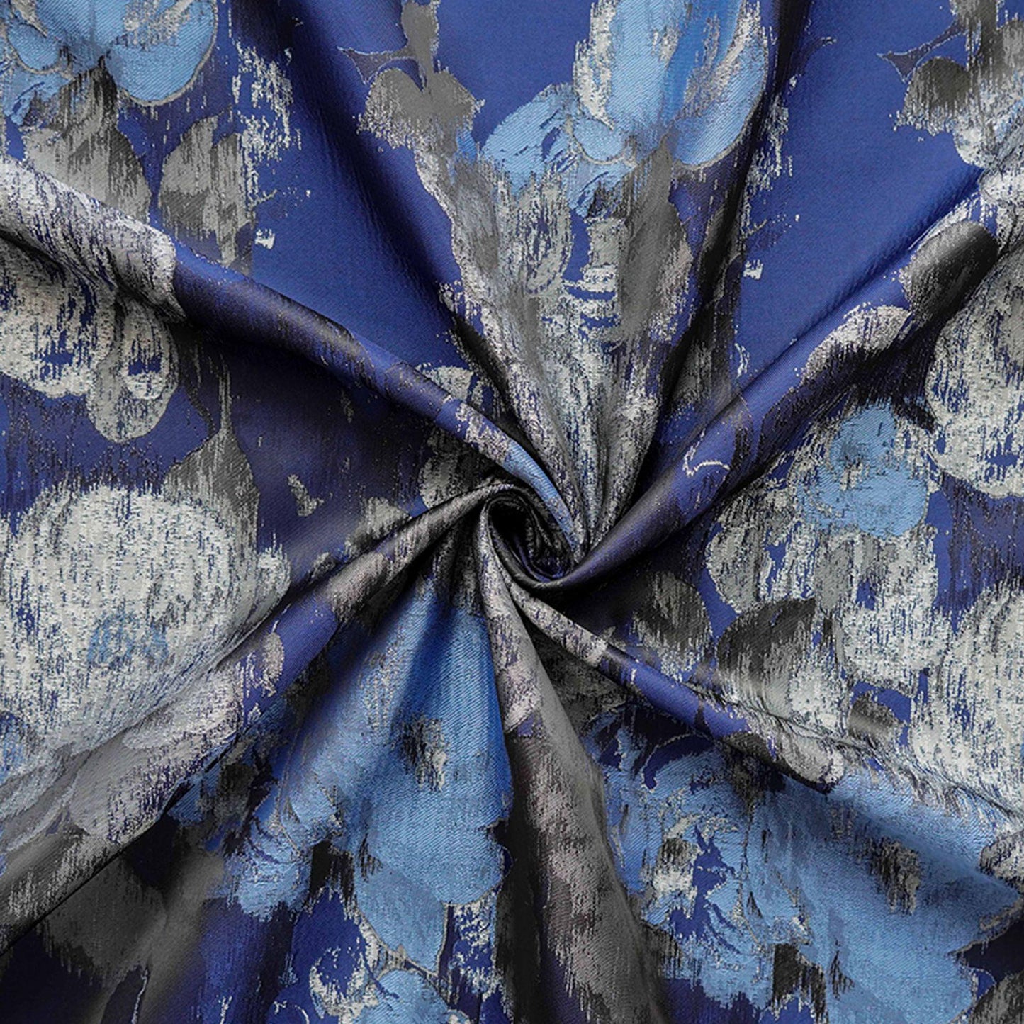 Blue Floral Brocade Fabric: Ink Painting Design, 60" Wide