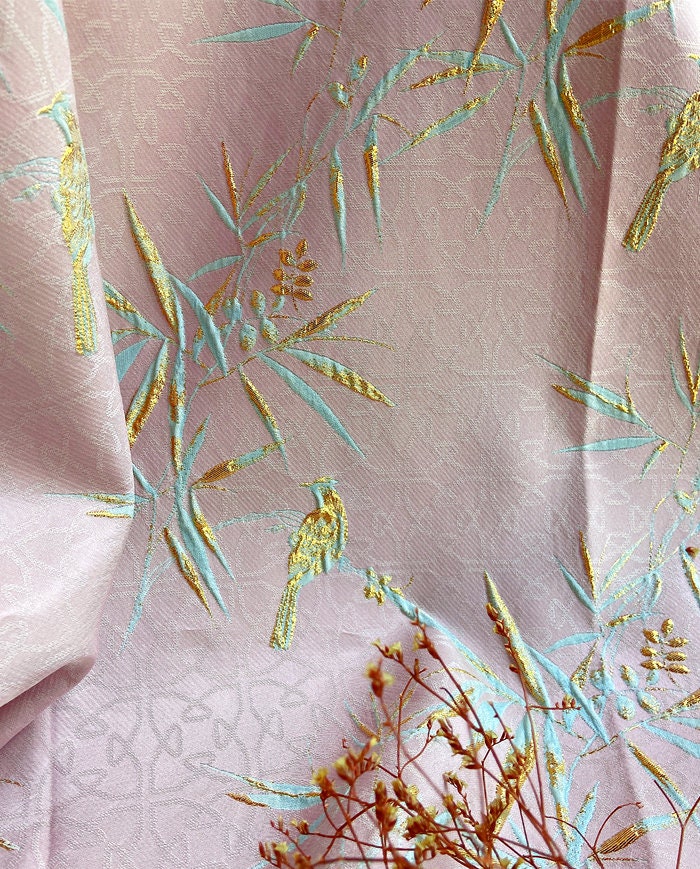 Bird & Bamboo Jacquard Fabric: 3D Relief Upholstery, 59" Wide