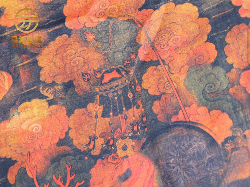 Dunhuang Lotus Linen Fabric: Auspicious Clouds Retro Print, 55"W