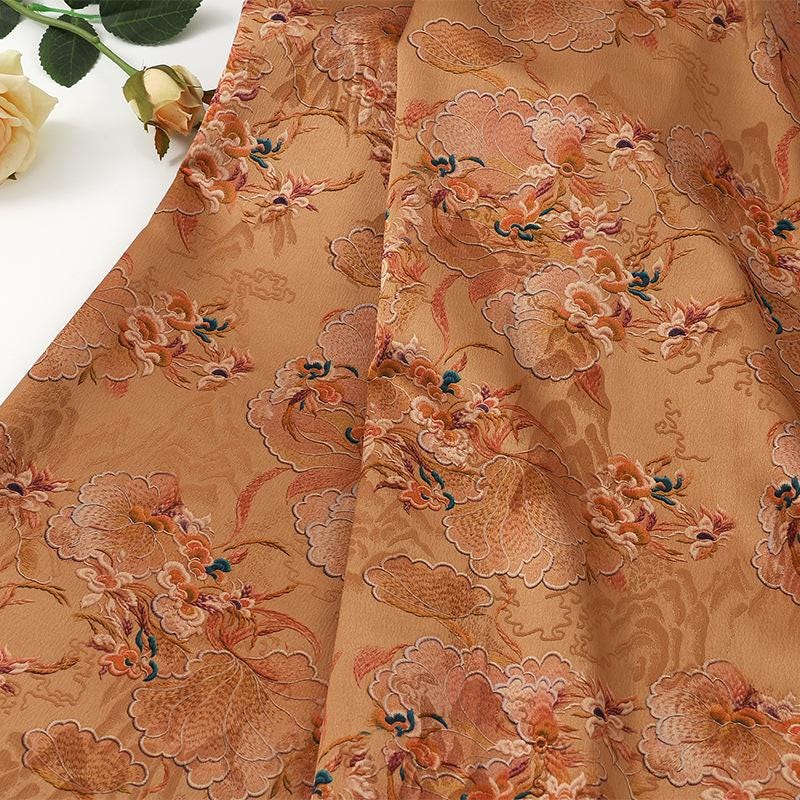 Ancient Painting Tea Silk Satin Fabric: 59"W Upholstery, Costume, Drapery