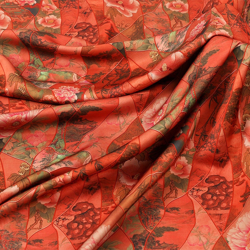 Ancient Painting Pattern Satin Fabric: 59"W Digital Print