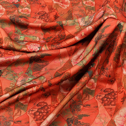 Ancient Painting Pattern Satin Fabric: 59"W Digital Print