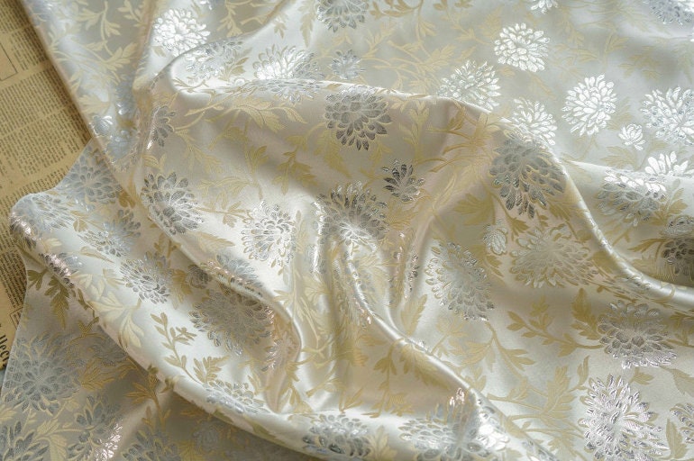 Reversible Floral Jacquard Fabric: Gold Thread Embossed Weave, 65" Wide