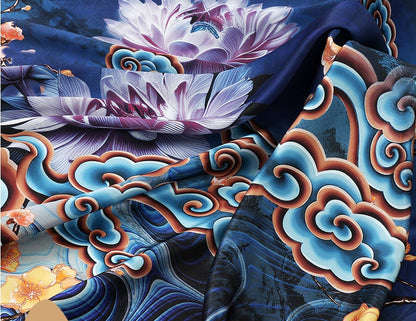 Auspicious Cloud Tea Silk Satin Fabric: 59"W Digital Print